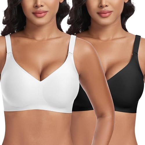 Jiuday BH Damen ohne Bügel Push Up BH Große Größen Guter Halt Bügelloser BH Seamless Bra Soft BH ohne Buegel Bequemer T Shirt V-Ausschnitt Bralette (Schwarz+Weiß,2XL) von Jiuday