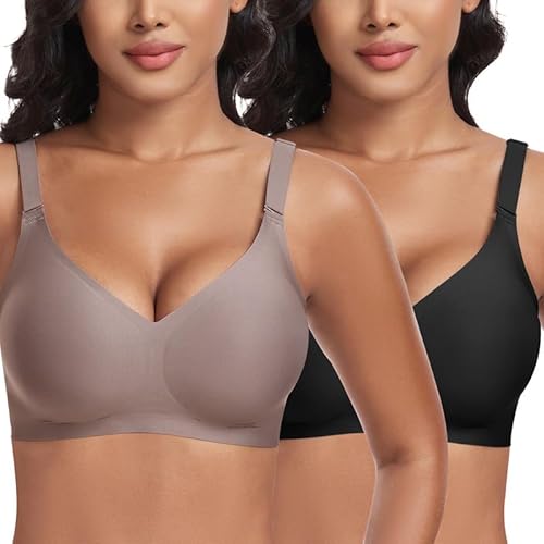 Jiuday BH ohne Bügel Push Up BH Große Brüste Starker Halt Bügelloser Bustier Damen Gepolstert Seamless Soft Bra ohne Buegel Bequemer T Shirt V-Ausschnitt Bralette (Schwarz+Kaffee,2XL) von Jiuday