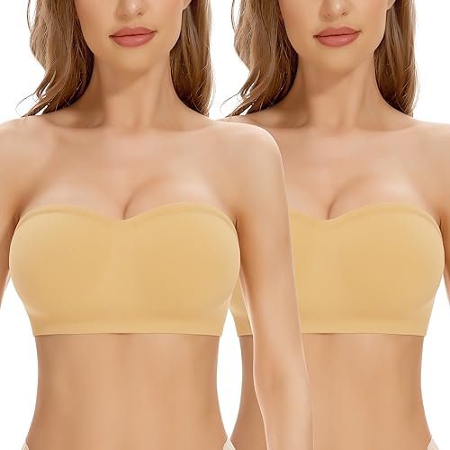 Jiuday Bandeau BH Trägerlos Gepolstert Trägerloser BH Push Up mit Rutschfester Silikon Transparente Träger Damen Tube Top Bralette ohne Bügel (Beige+Beige,L) von Jiuday