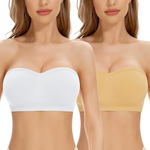 Jiuday Bandeau BH Trägerlos Gepolstert Trägerloser BH Push Up mit Rutschfester Silikon Transparente Träger Damen Tube Top Bralette ohne Bügel (Beige+Weiß,M) von Jiuday