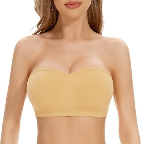 Jiuday Bandeau BH Trägerlos Gepolstert Trägerloser BH Push Up mit Rutschfester Silikon Transparente Träger Damen Tube Top Bralette ohne Bügel (Beige,L) von Jiuday