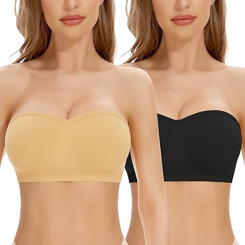 Jiuday Bandeau BH Trägerlos Gepolstert Trägerloser BH Push Up mit Rutschfester Silikon Transparente Träger Damen Tube Top Bralette ohne Bügel (Schwarz+Beige,L) von Jiuday