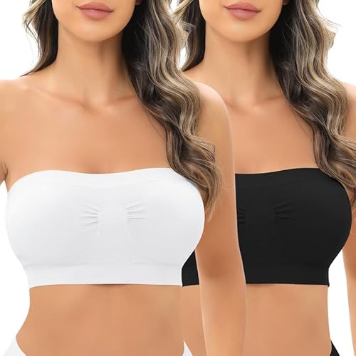Jiuday Bandeau BH ohne Träger mit Transparente Träger Damen Trägerloser BH mit Rutschfester Silikon (162-Schwarz+Weiß,L) von Jiuday