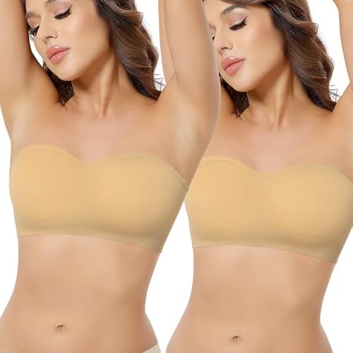 Jiuday Bandeau BH ohne Träger mit Transparente Träger Damen Trägerloser BH mit Rutschfester Silikon (181-Beige+Beige,M) von Jiuday