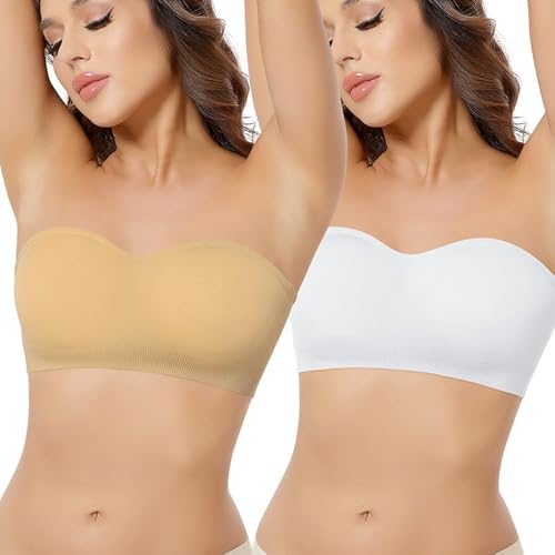 Jiuday Bandeau BH ohne Träger mit Transparente Träger Damen Trägerloser BH mit Rutschfester Silikon (181-Beige+Weiß,L) von Jiuday