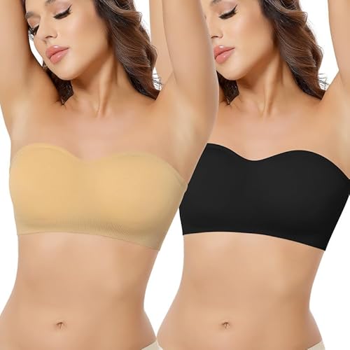 Jiuday Bandeau BH ohne Träger mit Transparente Träger Damen Trägerloser BH mit Rutschfester Silikon (181-Schwarz+Beige,XL) von Jiuday