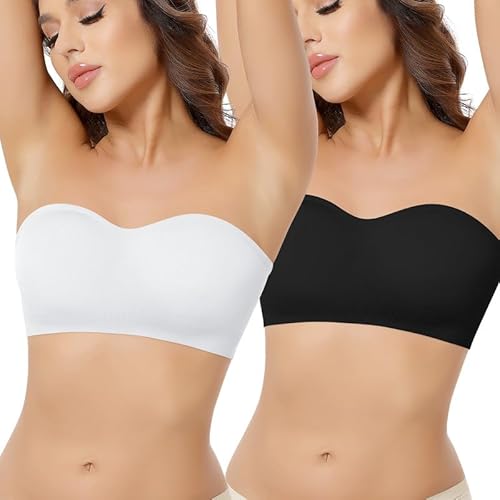Jiuday Bandeau BH ohne Träger mit Transparente Träger Damen Trägerloser BH mit Rutschfester Silikon (181-Schwarz+Weiß,S) von Jiuday