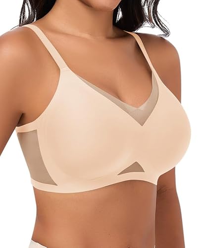 Jiuday Bequem BH ohne Bügel Spitze Mesh Damen BHS Große Brüste Starker Halt Soft Nahtloser Push Up BH ohne Buegel Gepolstert Stütz Bügellos Bralette (Beige,XL) von Jiuday
