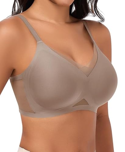 Jiuday Bequem BH ohne Bügel Spitze Mesh Damen BHS Große Brüste Starker Halt Soft Nahtloser Push Up BH ohne Buegel Gepolstert Stütz Bügellos Bralette (Kaffee,S) von Jiuday