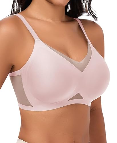 Jiuday Bequem BH ohne Bügel Spitze Mesh Damen BHS Große Brüste Starker Halt Soft Nahtloser Push Up BH ohne Buegel Gepolstert Stütz Bügellos Bralette (Rosa,M) von Jiuday