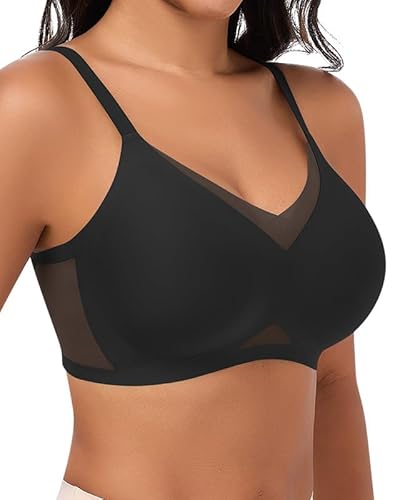 Jiuday Bequem BH ohne Bügel Spitze Mesh Damen BHS Große Brüste Starker Halt Soft Nahtloser Push Up BH ohne Buegel Gepolstert Stütz Bügellos Bralette (Schwarz,S) von Jiuday