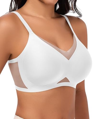 Jiuday Bequem BH ohne Bügel Spitze Mesh Damen BHS Große Brüste Starker Halt Soft Nahtloser Push Up BH ohne Buegel Gepolstert Stütz Bügellos Bralette (Weiß,L) von Jiuday