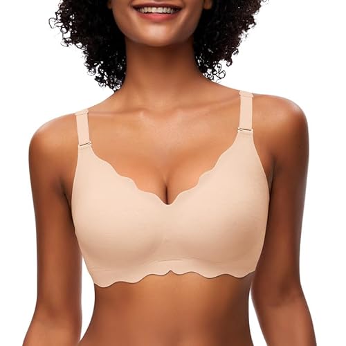 Jiuday Damen BH ohne Bügel Spitzen Soft BH Große Brüste Starker Halt Push Up Bügelloser BH Gepolstert Seamless Bequemer Nahtloser Bra V-Ausschnitt Minimizer Bralette (Beige,S) von Jiuday