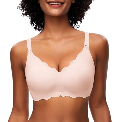 Jiuday Damen BH ohne Bügel Spitzen Soft BH Große Brüste Starker Halt Push Up Bügelloser BH Gepolstert Seamless Bequemer Nahtloser Bra V-Ausschnitt Minimizer Bralette (Rosa,M) von Jiuday