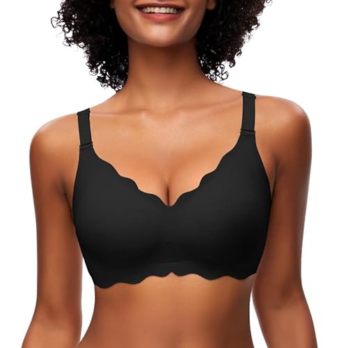 Jiuday Damen BH ohne Bügel Spitzen Soft BH Große Brüste Starker Halt Push Up Bügelloser BH Gepolstert Seamless Bequemer Nahtloser Bra V-Ausschnitt Minimizer Bralette (Schwarz,L) von Jiuday