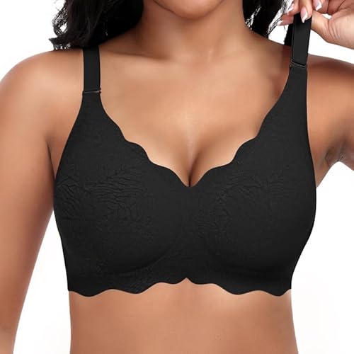 Jiuday Damen BH ohne Bügel Spitzen Soft BH Große Brüste Starker Halt Push Up Bügelloser BHS Gepolstert Seamless Bequemer Nahtloser Bra V-Ausschnitt Bralette (Schwarz,M) von Jiuday
