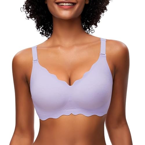 Jiuday Damen BH ohne Bügel Spitzen Soft BH Große Brüste Starker Halt Push Up Bügelloser BH Gepolstert Seamless Bequemer Nahtloser Bra V-Ausschnitt Minimizer Bralette (Violett,2XL) von Jiuday