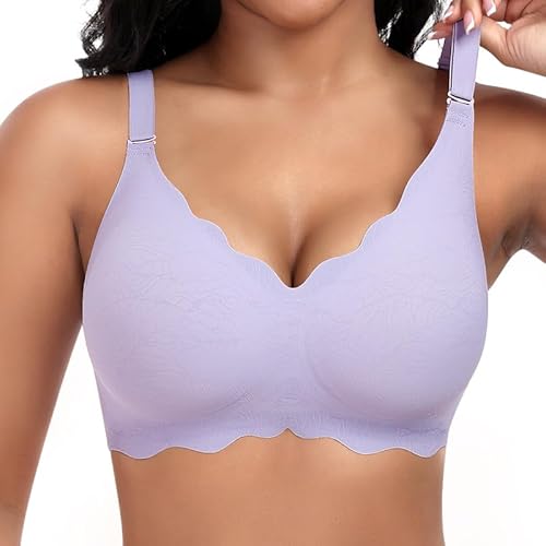 Jiuday Damen BH ohne Bügel Spitzen Soft BH Große Brüste Starker Halt Push Up Bügelloser BH Gepolstert Seamless Bequemer Nahtloser Bra V-Ausschnitt Minimizer Bralette (Violett,L) von Jiuday