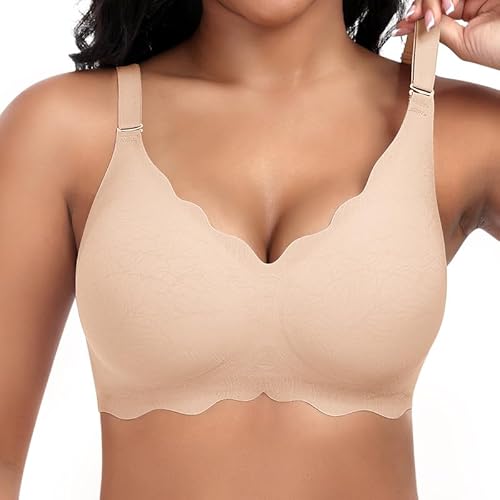 Jiuday Damen BH ohne Bügel Spitzen Soft BH Große Brüste Starker Halt Push Up Bügelloser BHS Gepolstert Seamless Bequemer Nahtloser Bra V-Ausschnitt Bralette (Beige,2XL) von Jiuday
