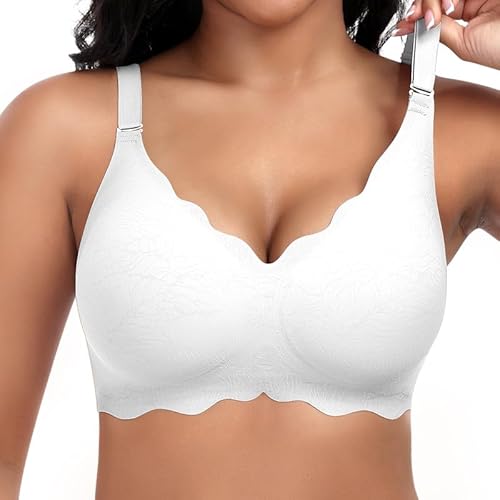 Jiuday Damen BH ohne Bügel Spitzen Soft BH Große Brüste Starker Halt Push Up Bügelloser BHS Gepolstert Seamless Bequemer Nahtloser Bra V-Ausschnitt Bralette (Weiß,3XL) von Jiuday