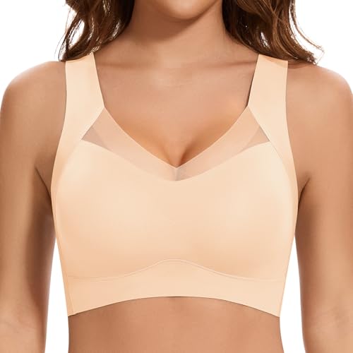 Jiuday Nahtloser BH ohne Bügel Große Brüste Starker Halt Spitze Sport BH Bustier Damen Gepolstert Soft Comfit Bügelloser Push Up BHS Haltungskorrektur Bra Seamless Bralette (Beige,3XL) von Jiuday