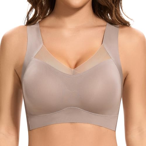 Jiuday Nahtloser BH ohne Bügel Große Brüste Starker Halt Spitze Sport BH Bustier Damen Gepolstert Soft Comfit Bügelloser Push Up BHS Haltungskorrektur Bra Seamless Bralette (Kaffee,3XL) von Jiuday