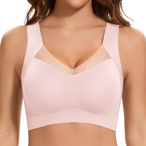Jiuday Nahtloser BH ohne Bügel Große Brüste Starker Halt Spitze Sport BH Bustier Damen Gepolstert Soft Comfit Bügelloser Push Up BHS Haltungskorrektur Bra Seamless Bralette (Rosa,L) von Jiuday