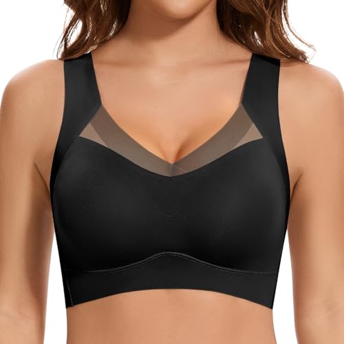 Jiuday Nahtloser BH ohne Bügel Große Brüste Starker Halt Spitze Sport BH Bustier Damen Gepolstert Soft Comfit Bügelloser Push Up BHS Haltungskorrektur Bra Seamless Bralette (Schwarz,L) von Jiuday