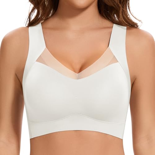 Jiuday Nahtloser BH ohne Bügel Große Brüste Starker Halt Spitze Sport BH Bustier Damen Gepolstert Soft Comfit Bügelloser Push Up BHS Haltungskorrektur Bra Seamless Bralette (Weiß,M) von Jiuday