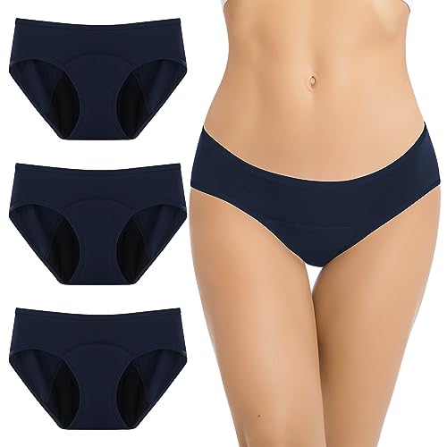 Jiuday 100% Baumwolle Periodenunterschwäsche Starke Blutung Perioden Unterwäsche für Mädchen Damen Perioden Bikini Menstruation Unterwäsche Auslaufsichere-3 Stücken (Blau+Blau+Blau,XL) von Jiuday