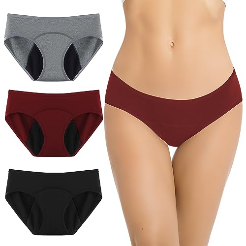 Jiuday 100% Baumwolle Periodenunterschwäsche Starke Blutung Perioden Unterwäsche für Mädchen Damen Perioden Bikini Menstruation Unterwäsche Auslaufsichere-3 Stücken (Schwarz+Grau+Burgund,M) von Jiuday