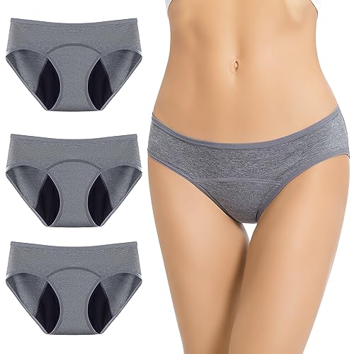 Jiuday 100% Baumwolle Periodenunterschwäsche Starke Blutung Perioden Unterwäsche für Mädchen Damen Perioden Bikini Menstruation Unterwäsche Auslaufsichere-3 Stücken (Grau+Grau+Grau,2XL) von Jiuday