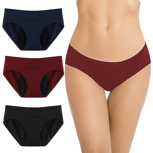 Jiuday Periodenunterschwäsche Starke Blutung Baumwolle Perioden Unterwäsche für Damen Mädchen Menstruationsunterwäsche Auslaufsichere-3 Stücken (Schwarz+Blau+Burgund,2XL) von Jiuday