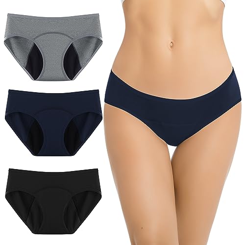 Jiuday 100% Baumwolle Periodenunterschwäsche Starke Blutung Perioden Unterwäsche für Mädchen Damen Perioden Bikini Menstruation Unterwäsche Auslaufsichere-3 Stücken (Schwarz+Grau+Blau,2XL) von Jiuday