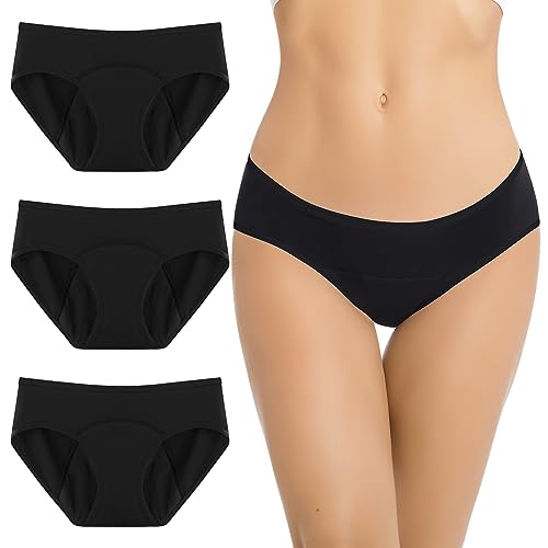 Jiuday 100% Baumwolle Periodenunterschwäsche Starke Blutung Perioden Unterwäsche für Mädchen Damen Perioden Bikini Menstruation Unterwäsche Auslaufsichere-3 Stücken (Schwarz+Schwarz+Schwarz,M) von Jiuday