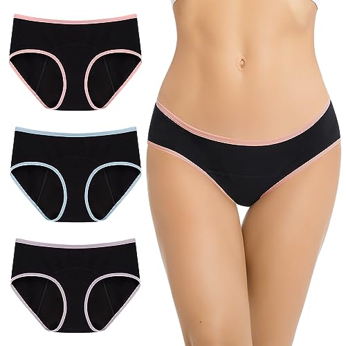 Jiuday 100% Baumwolle Periodenunterschwäsche Starke Blutung Perioden Unterwäsche für Mädchen Damen Perioden Bikini Menstruation Unterwäsche Auslaufsichere-3 Stücken (Schwarz-Blau+Pink+Violett,2XL) von Jiuday