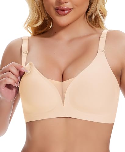 Jiuday Still BH ohne Bügel Große Brüste Damen Schwangerschafts- & Still-BHS Bequemer Gepolstert Spitze Seamless Nursing Bra Nahtloser Push Up Stillbh (Beige,L) von Jiuday