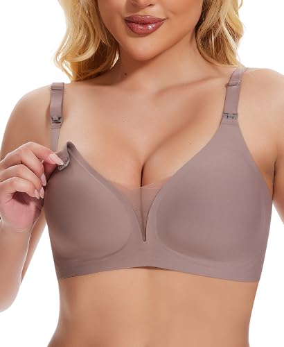 Jiuday Still BH ohne Bügel Große Brüste Damen Schwangerschafts- & Still-BHS Bequemer Gepolstert Spitze Seamless Nursing Bra Nahtloser Push Up Stillbh (Kaffee,S) von Jiuday