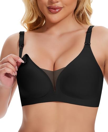Jiuday Still BH ohne Bügel Große Brüste Damen Schwangerschafts- & Still-BHS Bequemer Gepolstert Spitze Seamless Nursing Bra Nahtloser Push Up Stillbh (Schwarz,S) von Jiuday