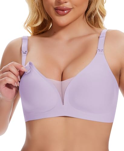Jiuday Still BH ohne Bügel Große Brüste Damen Schwangerschafts- & Still-BHS Bequemer Gepolstert Spitze Seamless Nursing Bra Nahtloser Push Up Stillbh (Violett,L) von Jiuday