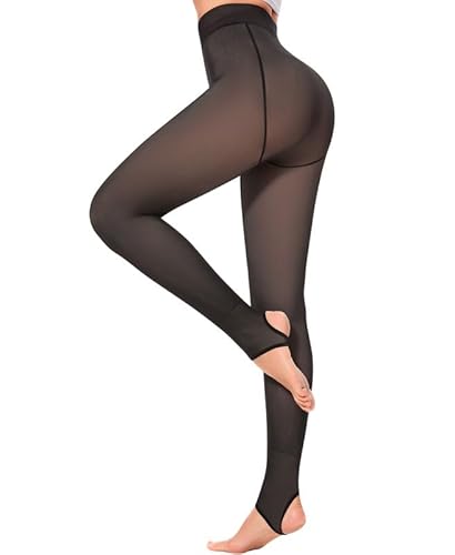 Jiuday Strumpfhosen Damen Winter Thermo Strumpfhose Fleece Gefütterte Winterstrumpfhose Hohe Taille Hintern Heben Ultraweich (85g Nein Fleece Steigbügel-Falsch Transluzent Schwarz,S) von Jiuday