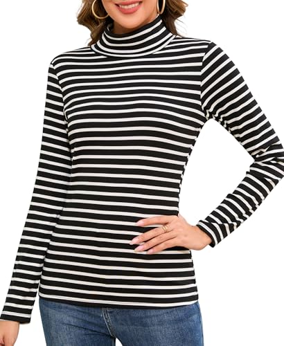 Jiuday Thermo Oberteil Damen Rollkragen Fleece Pullover Thermoshirt Langarm Warme Thermo Gefüttert Langarmshirt Oberbekleidung Drinnen im Winter (Schwarz und Weiß Gestreift,L) von Jiuday