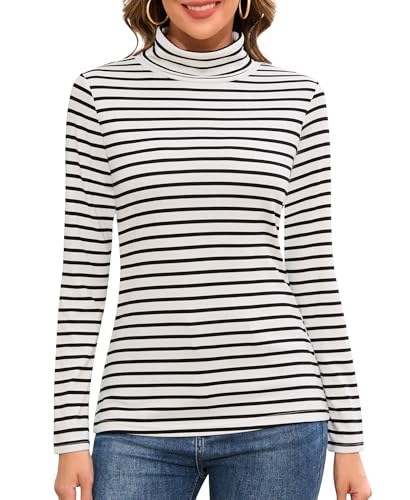 Jiuday Thermo Oberteil Damen Rollkragen Fleece Pullover Thermoshirt Langarm Warme Thermo Gefüttert Langarmshirt Oberbekleidung Drinnen im Winter (Weiß und Schwarz Gestreift,XL) von Jiuday