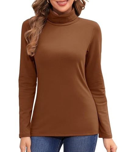 Jiuday Thermo Oberteil Damen Rollkragen Fleece Pullover Thermoshirt Langarm Warme Thermo Unterhemd Gefüttert Langarmshirt Gestreift Slim Fit Basic Tops Funktionsshirt im Winter (Braun,L) von Jiuday