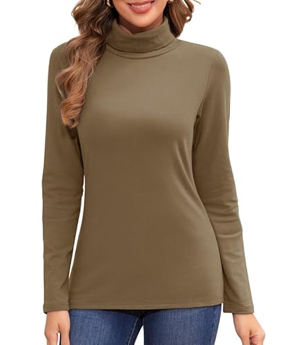 Jiuday Thermo Oberteil Damen Rollkragen Fleece Pullover Thermoshirt Langarm Warme Thermo Unterhemd Gefüttert Langarmshirt Slim Fit Basic Tops Oberbekleidung Drinnen im Winter (Hellbraun,S) von Jiuday