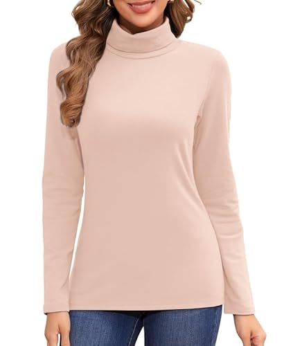 Jiuday Thermo Oberteil Damen Rollkragen Fleece Pullover Thermoshirt Langarm Warme Thermo Unterhemd Gefüttert Langarmshirt Slim Fit Basic Tops Oberbekleidung Drinnen im Winter (Beige,S) von Jiuday