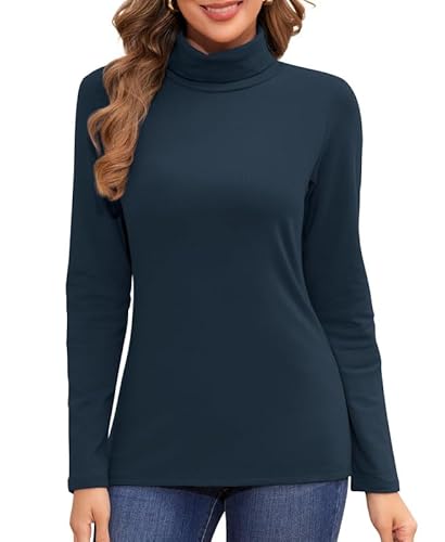 Jiuday Thermo Oberteil Damen Rollkragen Fleece Pullover Thermoshirt Langarm Warme Thermo Unterhemd Gefüttert Langarmshirt Slim Fit Basic Tops Oberbekleidung Drinnen im Winter (Dunkelblau,L) von Jiuday