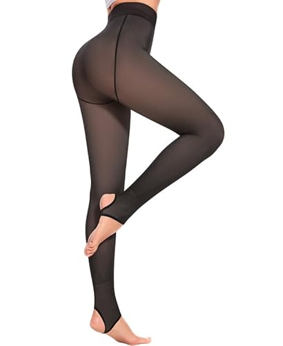 Jiuday Thermo Strumpfhose Damen Winter Strumpfhosen Fleece Gefütterte Thermostrumpfhosen Warme Dicke Hohe Taille Natürlich (300g Falsches Translucent Schwarz-Steigbügel,M) von Jiuday