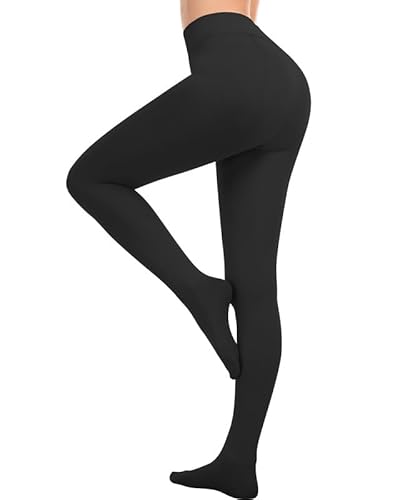 Jiuday Strumpfhosen Damen Winter Thermo Strumpfhose Fleece Gefütterte Winterstrumpfhose Hohe Taille Hintern Heben Ultraweich (Fleece Mit Füß-Schwarz,L) von Jiuday