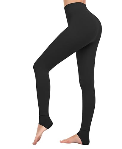 Jiuday Strumpfhosen Damen Winter Thermo Strumpfhose Fleece Gefütterte Winterstrumpfhose Hohe Taille Hintern Heben Ultraweich (Fleece Steigbügel-Schwarz,S) von Jiuday